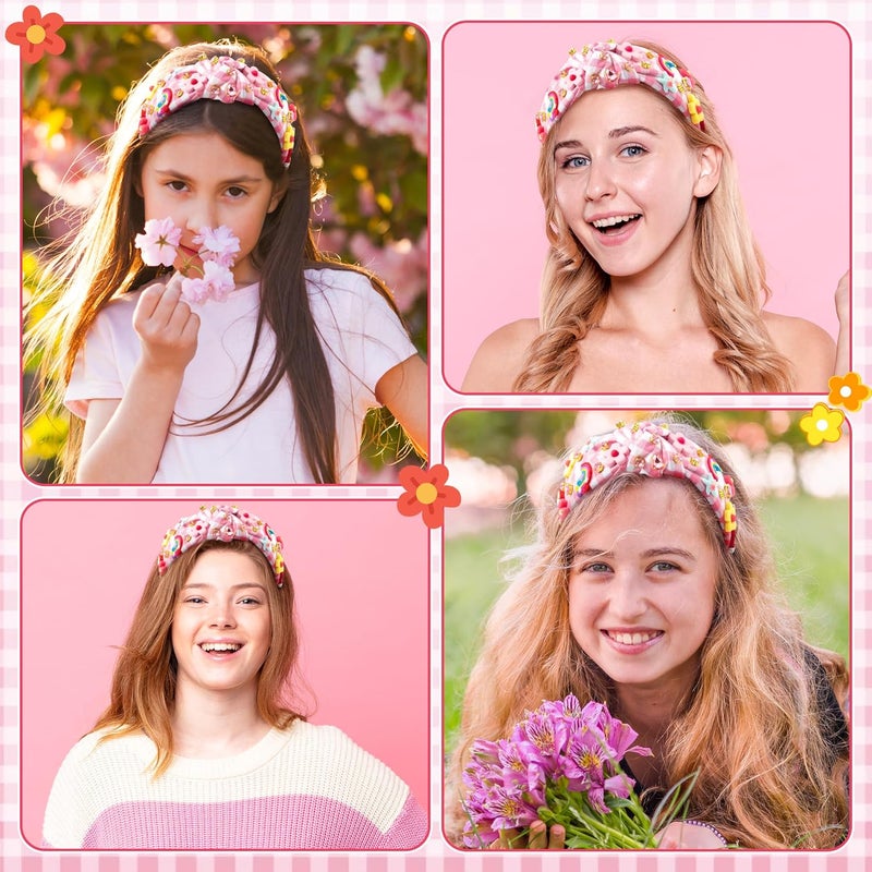 PANTIDE Floral Jeweled Knotted Headband - Rainbow Rhinestone Crystal Embellished Headband Non Slip Wide Top Knot Fashion Hairband Accessories Spring Summer Birthday Gift for Women Girls (Pink Plaid) - Image 5